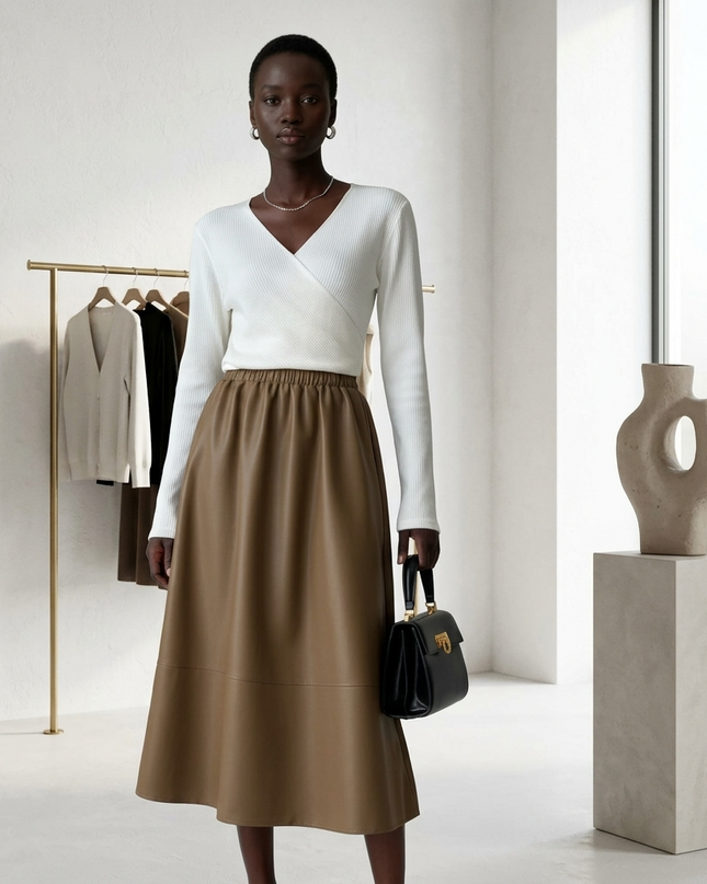 LAFAYETTE Vegan Leather Midi Rock | Camel/Coffee | COUTURE in NOLITA
