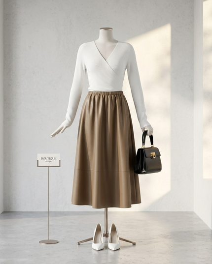 💟 LAFAYETTE Vegan Leather Midi Rock | Camel/Coffee | COUTURE in NOLITA