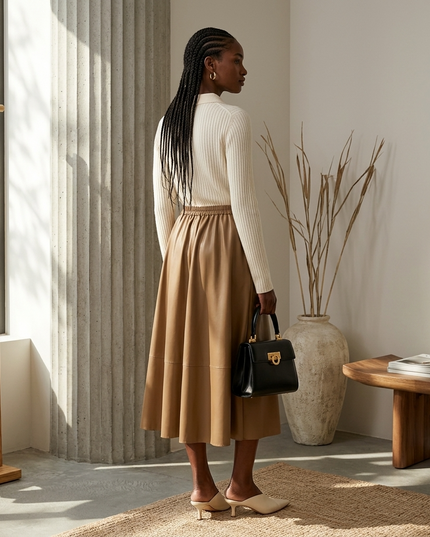 💟 LAFAYETTE Vegan Leather Midi Rock | Camel/Coffee | COUTURE in NOLITA