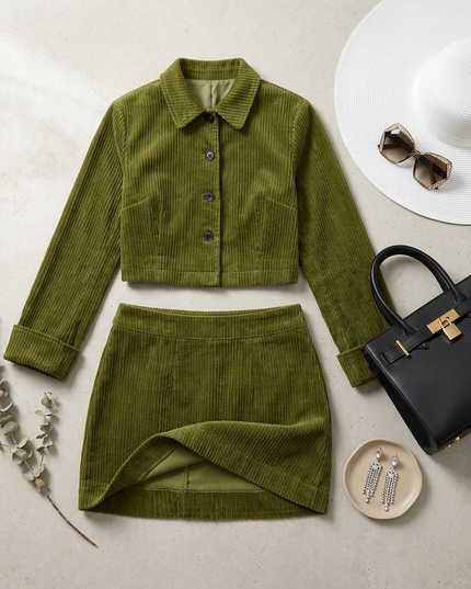 💟 NOLITA Corduroy Jacke & Rock Set | Military Green | Prêt-à-Porter