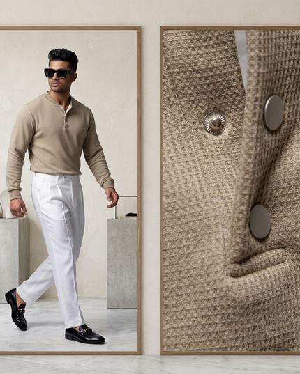 MADISON Henley Langarm-Polo | Khaki | Prêt-à-Porter