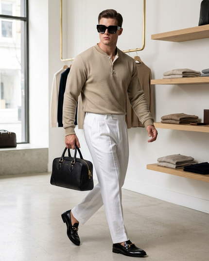 MADISON Henley Langarm-Polo | Khaki | Prêt-à-Porter