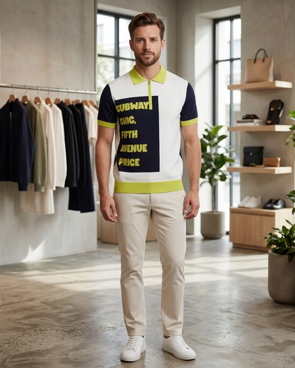 CHINATOWN Cashmere-Polo | Off-White/Lime/Marine