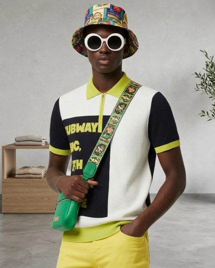 CHINATOWN Cashmere-Polo | Off-White/Lime/Marine