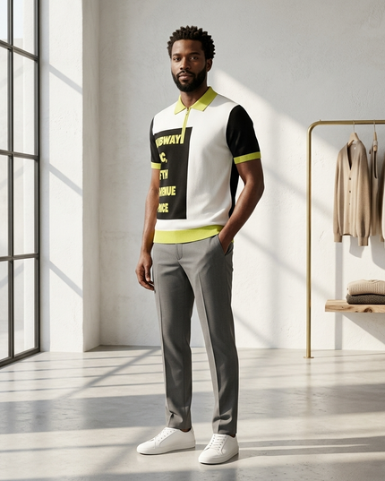 CHINATOWN Cashmere-Polo | Off-White/Lime/Marine