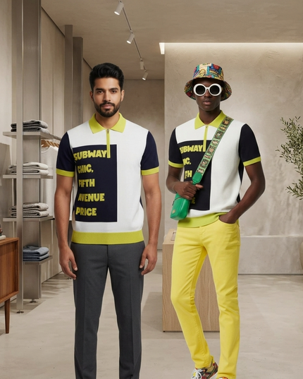 CHINATOWN Cashmere-Polo | Off-White/Lime/Marine