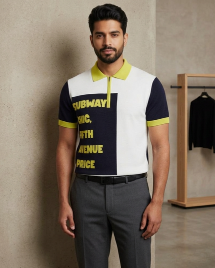 CHINATOWN Cashmere-Polo | Off-White/Lime/Marine