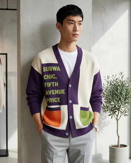 HARLEM Kaschmir-Cardigan | Off-White/Violett/Olive/Orange | Herren
