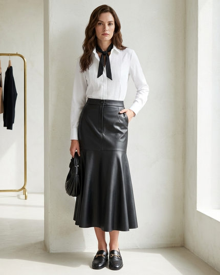 💟 TRIBECA COUTURE Vegan Leather Fishtail Skirt | Schwarz
