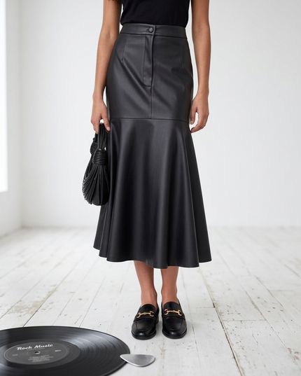 💟 TRIBECA COUTURE Vegan Leather Fishtail Skirt | Schwarz