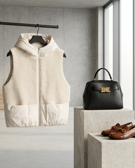💟 Faux-Shearling Weste mit Kapuze | Ivory