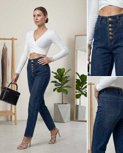 FLATIRON Damen Jeans | Dark Blue | High-Rise Gold-Hardware New Collection