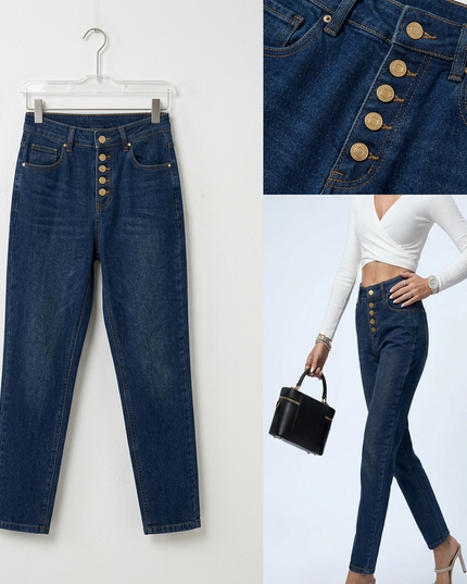 FLATIRON Damen Jeans | Dark Blue | High-Rise Gold-Hardware New Collection