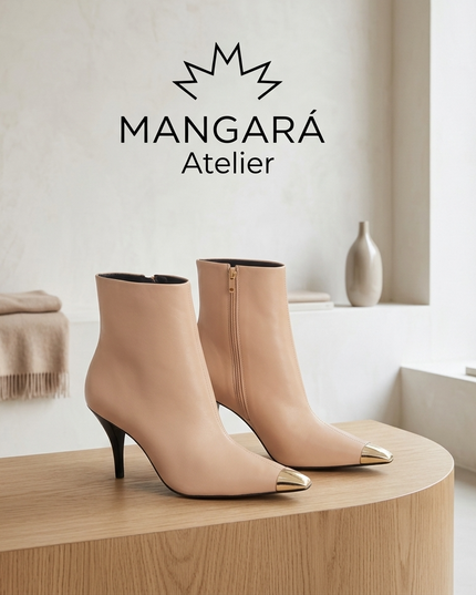 Inga Damen Leder Ankle Boots | Beige | 8.7cm Pointed-Toe | Mangará Atelier