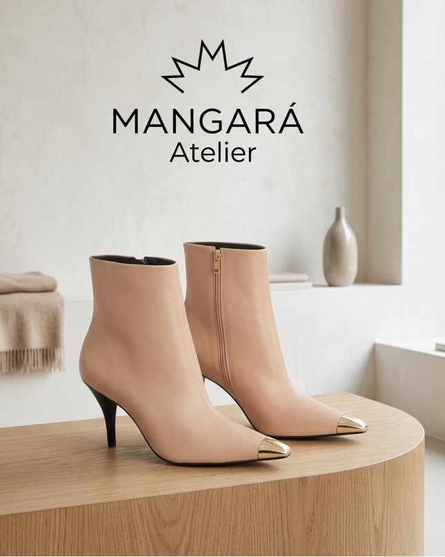 Inga Damen Leder Ankle Boots | Beige | 8.7cm Pointed-Toe | Mangará Atelier