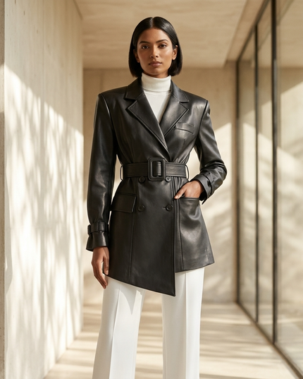 MERCER — Schwarzer Vegan Leder Doppelreiher Blazer | COUTURE in NOLITA