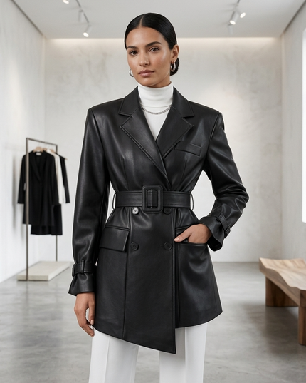 MERCER — Schwarzer Vegan Leder Doppelreiher Blazer | COUTURE in NOLITA