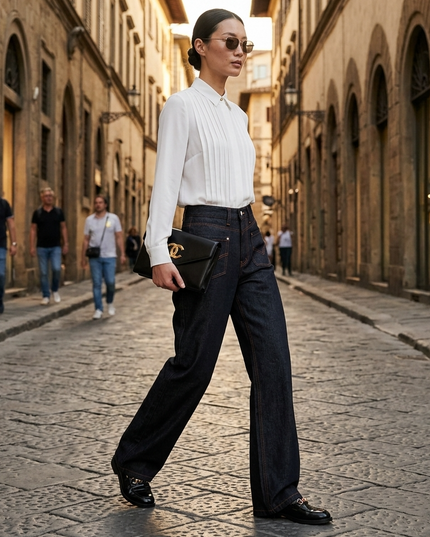 Wide-Leg Denim Hose mit Inverted Pocket Design