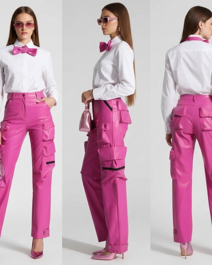 MIDTOWN — Damen Cargo Hose Couture | Fuchsia Vegan Leder