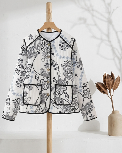 Damen Steppjacke Weiss-Schwarz Paisley Print