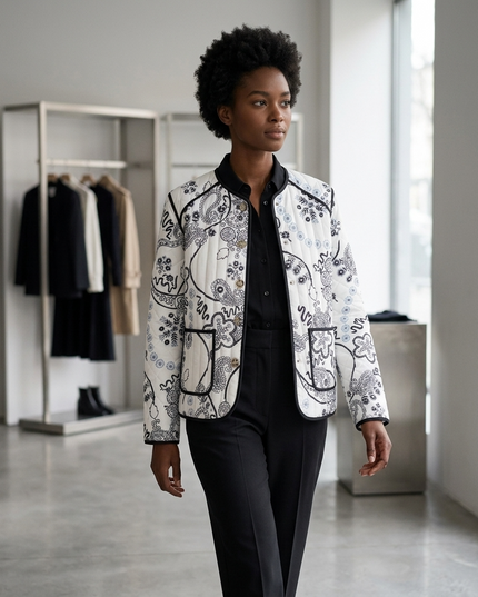 Damen Steppjacke Weiss-Schwarz Paisley Print
