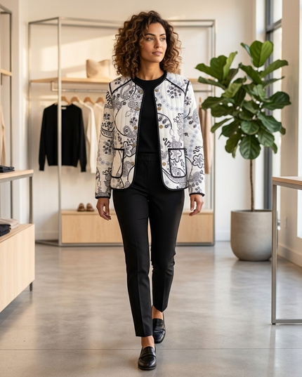 Damen Steppjacke Weiss-Schwarz Paisley Print