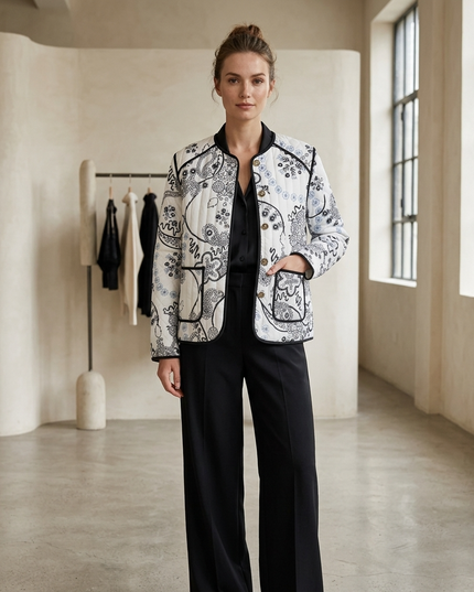 Damen Steppjacke Weiss-Schwarz Paisley Print