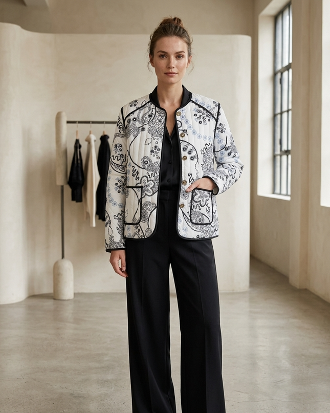 Damen Steppjacke Weiss-Schwarz Paisley Print