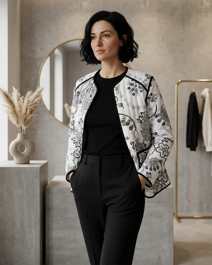 Damen Steppjacke Weiss-Schwarz Paisley Print