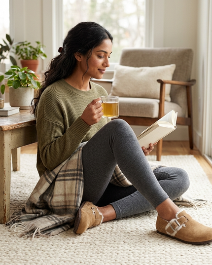 Damen Suede Shearling Clogs | Camel & Coffee | Cozy Buckle Slip-On Mules