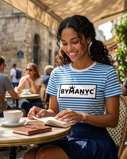 BYMANYC ® New York | Unisex T-Shirt | Natural / Mid Blue Stripe