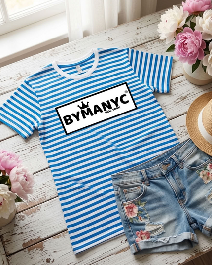 BYMANYC ® New York | Unisex T-Shirt | Natural / Mid Blue Stripe