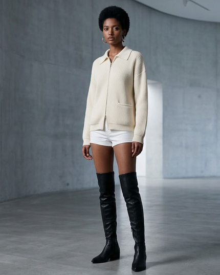 BYMANYC ® New York | Ribbed Zip-Front Knit Jacket | Off White | Damen