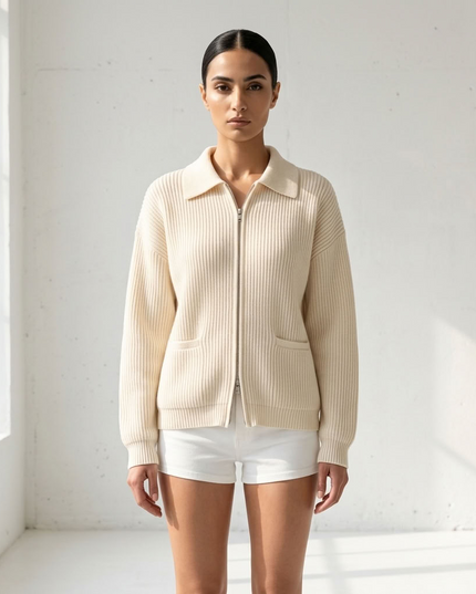 BYMANYC ® New York | Ribbed Zip-Front Knit Jacket | Off White | Damen