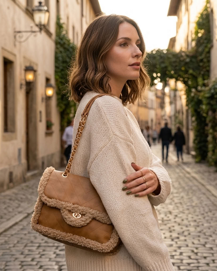 Vimoda Paris | Rive Gauche Umhängetasche | Wildlederoptik mit Pelzbesatz