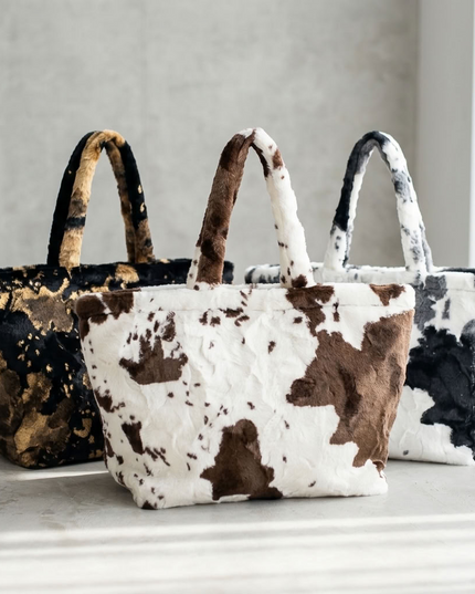 BIG cuddly shopper fur bag with cow pattern and firm handle in 3 colors 