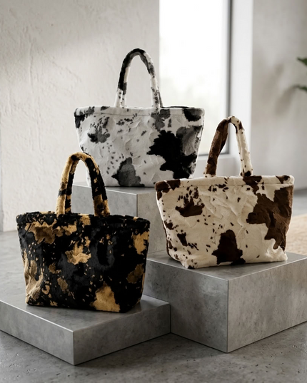 BIG cuddly shopper fur bag with cow pattern and firm handle in 3 colors 