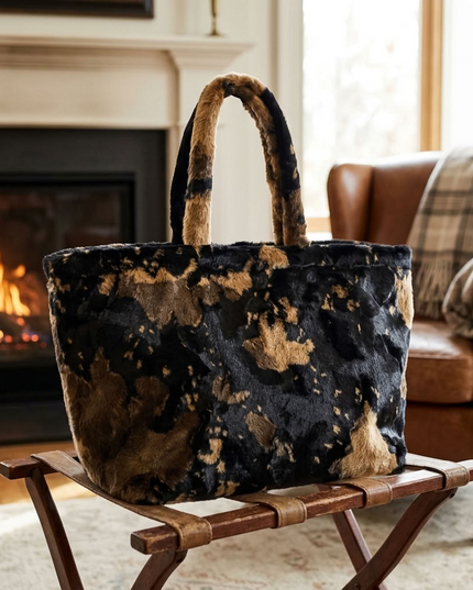 BIG cuddly shopper fur bag with cow pattern and firm handle in 3 colors 