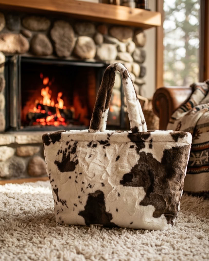 BIG cuddly shopper fur bag with cow pattern and firm handle in 3 colors 