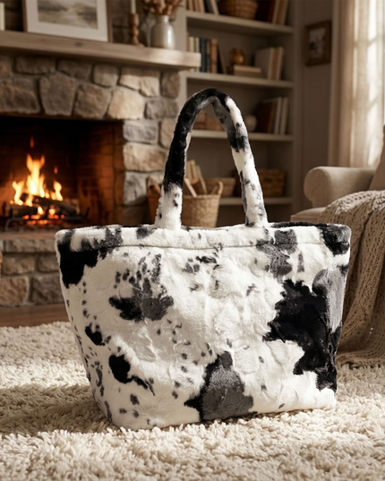 BIG cuddly shopper fur bag with cow pattern and firm handle in 3 colors 