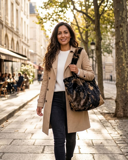 BIG cuddly shopper fur bag with cow pattern and firm handle in 3 colors 