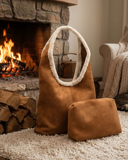 BIG cuddly shopper fur bag with cow pattern and firm handle in 3 colors 