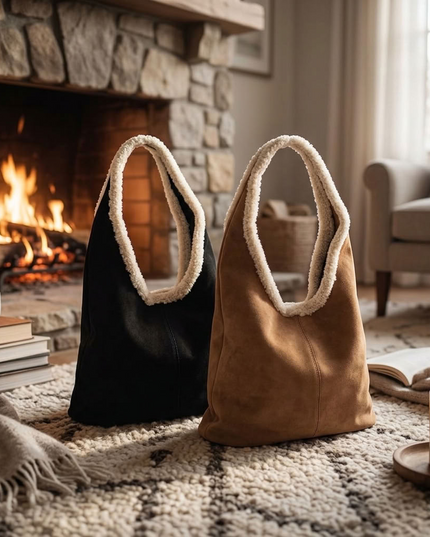 BIG cuddly shopper fur bag with cow pattern and firm handle in 3 colors 