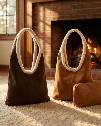 BIG cuddly shopper fur bag with cow pattern and firm handle in 3 colors 