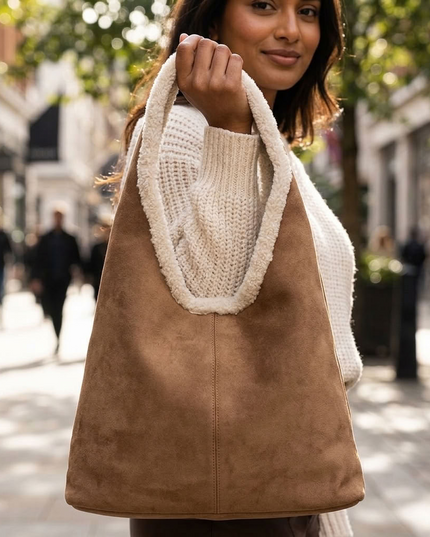 BIG cuddly shopper fur bag with cow pattern and firm handle in 3 colors 