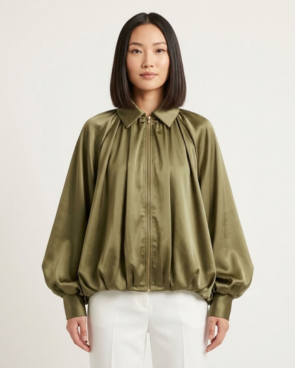 BYMANYC ® New York | Oversize-Blusenjacke aus Satin | Olivgrün