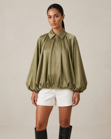BYMANYC ® New York | Oversize-Blusenjacke aus Satin | Olivgrün