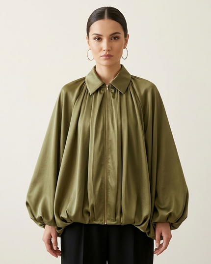 BYMANYC ® New York | Oversize-Blusenjacke aus Satin | Olivgrün
