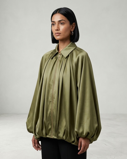 BYMANYC ® New York | Oversize-Blusenjacke aus Satin | Olivgrün