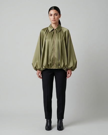 BYMANYC ® New York | Oversize-Blusenjacke aus Satin | Olivgrün